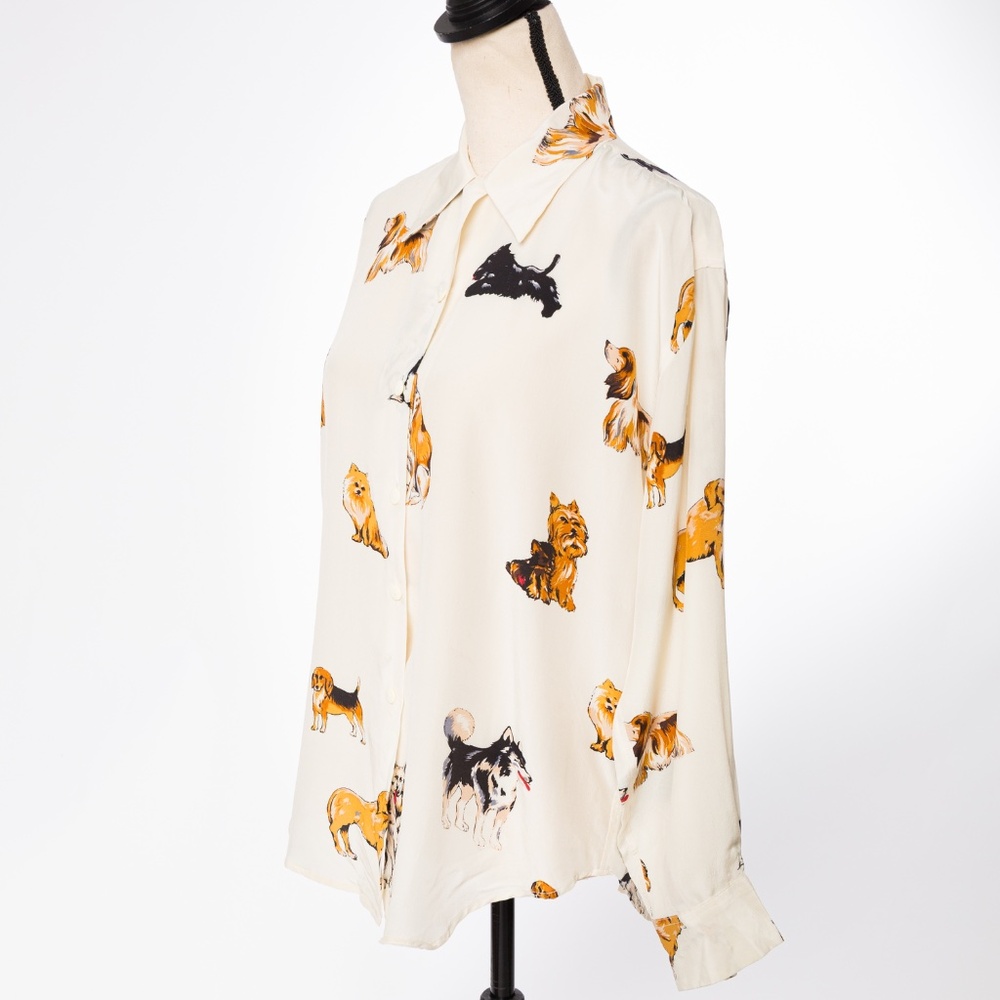 100% silk dog lover blouse cream Fu Da size M - Picture 9 of 12